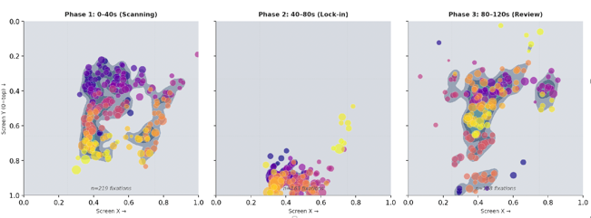 Gaze density panels for the scanning, lock-in, and review phases of a session
